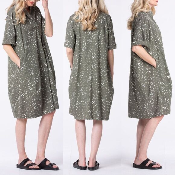 Oska Lagenlook Green Polka Dot Dress Split Collar Minimalist Pockets - Picture 5 of 13